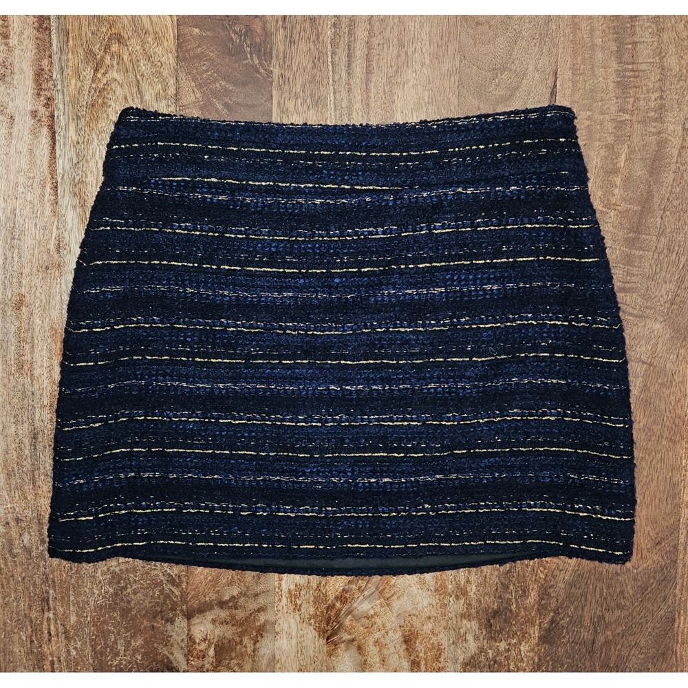 LOFT Ann Taylor Tweed Boucle Mini Skirt Womens 14 Navy Blue Gold Metallic Lined